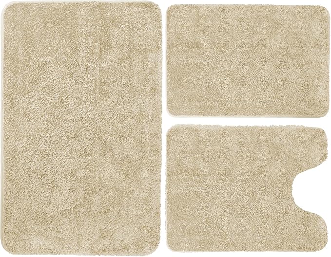 RUN HELIX Bathroom Rugs Sets 3 Piece, Luxury Microfiber Extra Soft Bath Rugs Set, Absorbent Water Shaggy Bath Mats, Non-Slip TPR Backing, Machine Washable, for Bathroom, Tub and Shower, Beige