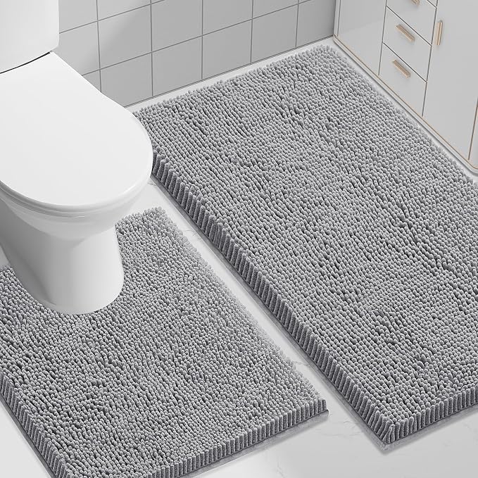 Smiry Chenille Bathroom Rugs Sets 2 Piece (30x20+ U Shape 24x20, Grey) | Soft Absorbent Machine Washable Non Slip Shaggy Bath Rug Set for Tub, Shower, and Floor, Home Decor