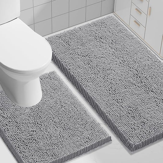 Smiry Chenille Bathroom Rugs Sets 2 Piece (30x20+ U Shape 24x20, Grey) | Soft Absorbent Machine Washable Non Slip Shaggy Bath Rug Set for Tub, Shower, and Floor, Home Decor