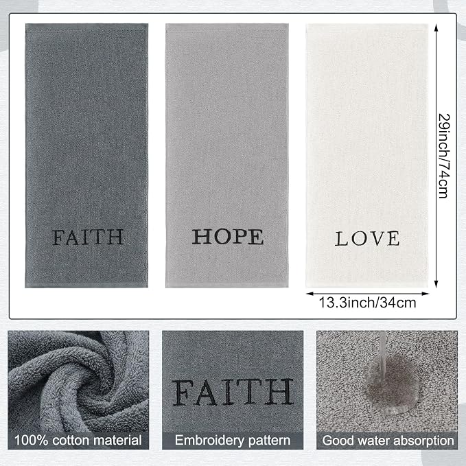 3 Pcs Hand Towels Bathroom Set,Gray,Faith Hope Love | Embroidered Cotton Farmhouse Towels, Kitchen Decor, Rustic Boho Decorative with Text Labels, Guest Bath Home