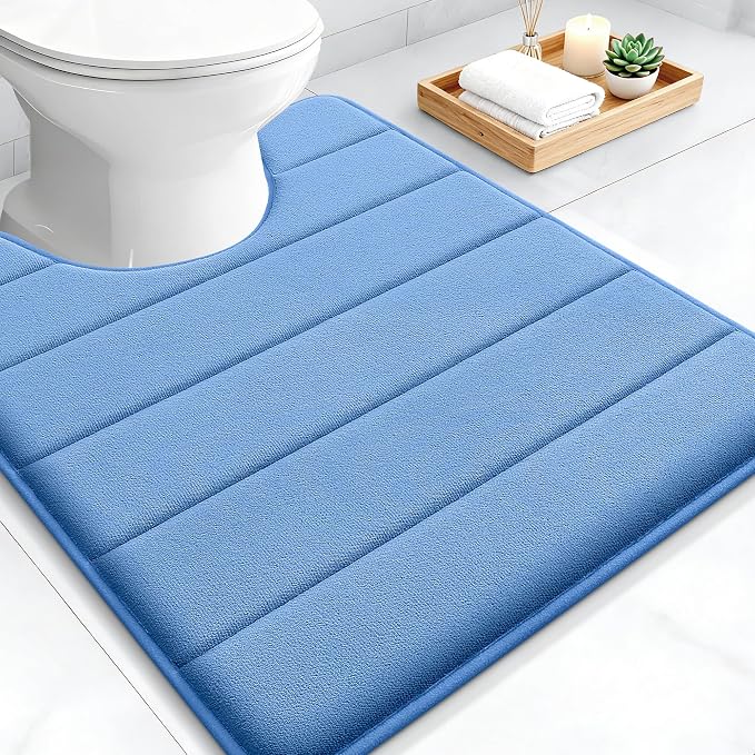 OLANLY Memory Foam Toilet Rugs U Shaped 24x20, Super Soft and Absorbent | Cornflower Blue, Quick Dry Commode Contour Bath Rugs, Machine Washable Toilet Mat, Bathmat Carpet for Bathroom Floor