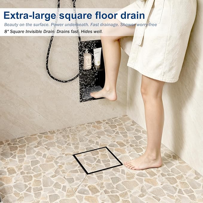 Neodrain Square Shower Drain with Removable Tile Insert Grate,304 Stainless Steel, CUPC Certified, Includes Hair Strainer (Matte Black, 8 in)