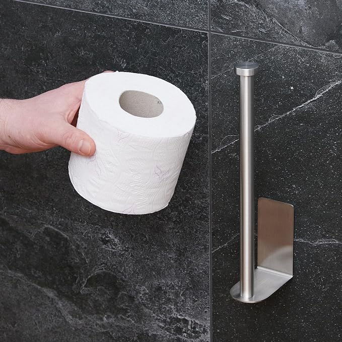 Relaxdays Replacement Roll Holder, Self-Adhesive, 2 Replacement Rolls, H x W x D: 26 x 4.5 x 7.5 cm, Toilet Paper Holder Wall, Silver