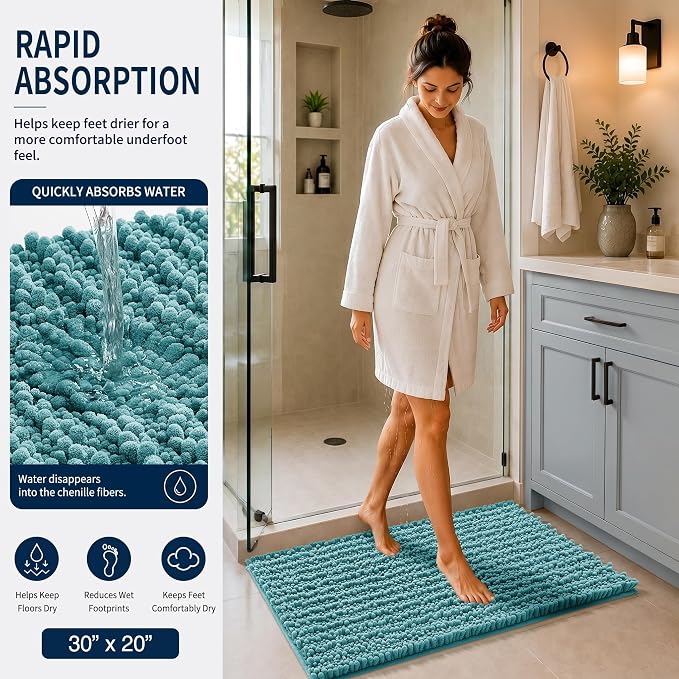 Yimobra Bathroom Rug Set 3 Piece, Super Absorbent Bath Mat Set, Teal Blue | Quick Dry Soft Chenille Bath Rugs & Toilet Rug, Non Slip Machine Washable, Extra Thick Shaggy Floor Mat for Shower Tub Sink