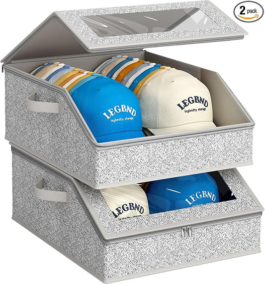 AOODA 2 PCS Sturdy Hat Storage for Baseball Caps, Holds up to 48 Caps Clear Hat Organizer for Closet, Bedroom, Wide Hat Box with Cardboard (Grey)
