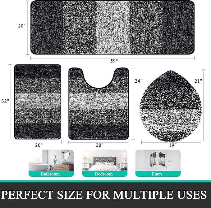Bsmathom Bathroom Rug Set 4 Piece, Plush Microfiber Bath Mat, Black | Extra Water Absorbent, Non Slip Washable Runner Bath Rugs with Toilet Lid Cover and U-shaped Contour Toilet Mat
