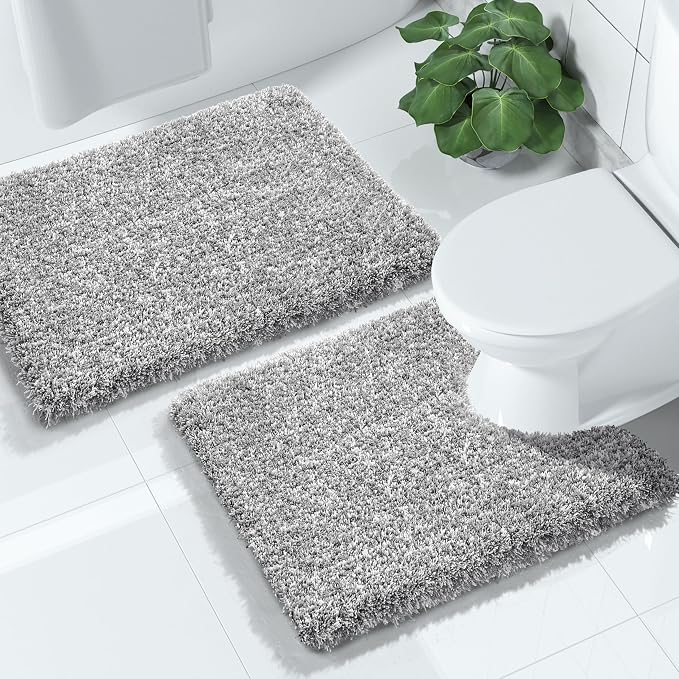 Yimobra Fluffy Bathroom Toilet Rug Set, 24x17+24x20, Light Gray and White | Soft Absorbent Microfiber Bath Mat Set, Non Slip, Machine Washable Quick Dry, Plush Shaggy Shower Rugs for Bathroom Floor