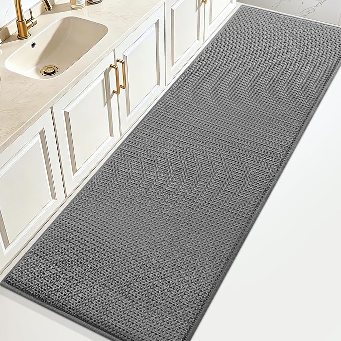 Memory Foam Bath Mat, Ultra Soft Absorbent Waffle Bathroom Rugs, Super Non-Slip PVC Backing Bath Rug Quick Dry, Machine Washable Rug for Tub, Shower, Home Decor Accessory, 60" x 24", Dark Gray