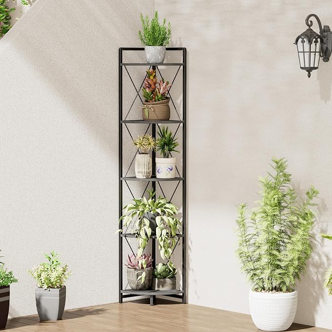 5 Tier Corner Shelf Stand, 64" H Tall Industrial Corner Bookshelf for Living Room Decor, Metal Corner Shelf, Plant Stand Display Shelf for Bedroom, Bathroom, Small Space, Black