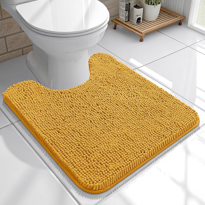 OLANLY Toilet Rugs U-Shaped 20x20, Soft Absorbent Chenille Contour Rugs | Golden Yellow, Quick-Drying Rubber Backing, Machine Washable Non-Slip Shaggy Bathroom Mat for Toilet, Home Decor Accessories