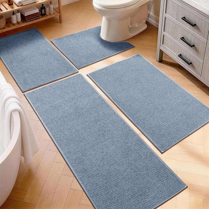 YIHOUSE Navy Blue Bathroom Rugs Sets 4 Piece, Quick Dry Thin Bath Mat with Toilet Rug, Non Slip Absorbent Machine Washable, Bath Runner Rugs for Bathtub Sink Home Decor
