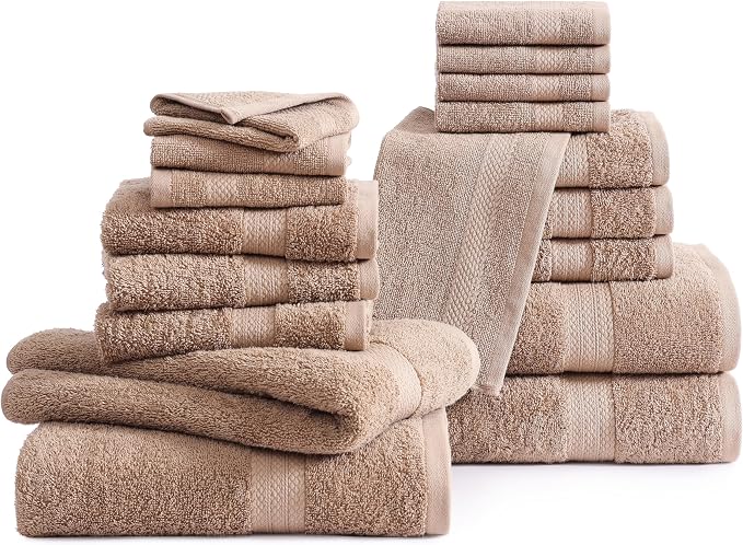 LANE LINEN Towel Set Quick Dry 100% Cotton 18 Piece Soft Absorbent - Taupe | Towels And Washcloths - Ring-Spun Durability, Terry Weave Comfort, Soft & Long-Lasting, Easy-Care