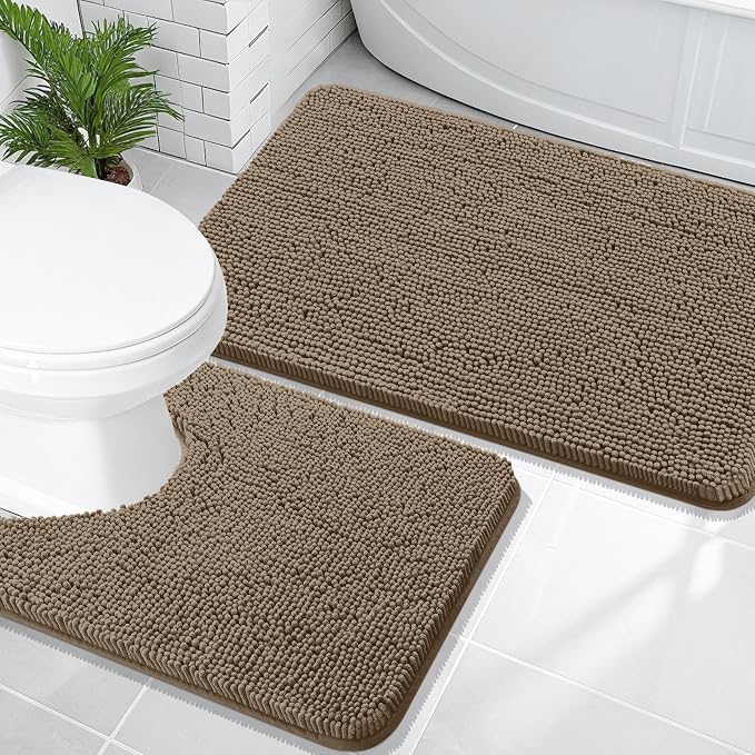 OLANLY Chenille Bathroom Rugs Mats Sets 2 Piece, 36"x24"+24"x20", Tan | Soft Absorbent Bath Mat and U-Shaped Contour Toilet Rug Set, Quick Dry, Machine Washable Bath Carpet, Home Decor Accessories