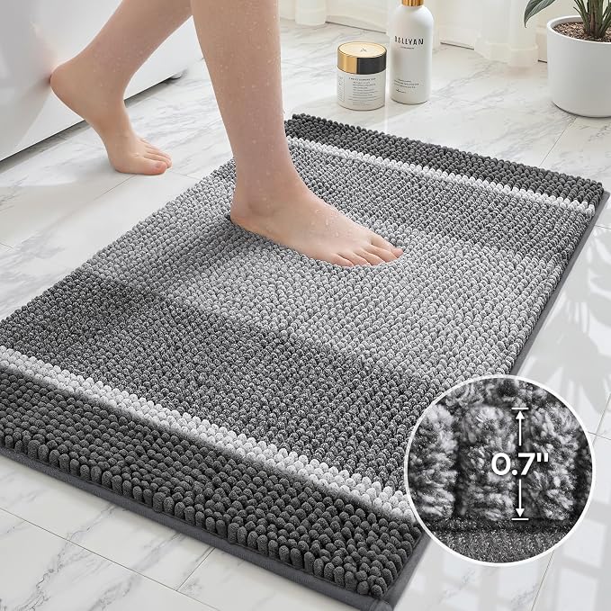 HOMEIDEAS Grey Bathroom Rugs Set of 2, Striped Chenille, 20"x32"+17"x24" | Non Slip Absorbent Bath Mats, Fluffy Striped Chenille Soft Shaggy Bath Rugs for Bathroom Floor and Tub, Machine Washable