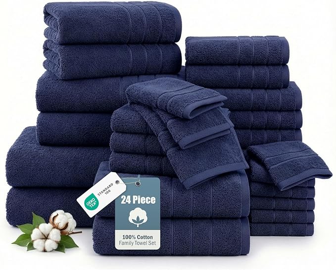Casa Platino Bath Towel Set 100% Cotton 24 Piece Soft Absorbent - Navy | Bath Towel Sets For Bathroom - Densely Woven, Coordinated Colors, Dobby Border Accent, OEKO-TEX Certified, Ring-Spun Cotton