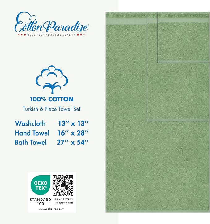 Cotton Paradise Towel Set of 6, 2 Bath Towels, 2 Hand Towels and 2 Washcloths Towels for Bathroom Sets, Green