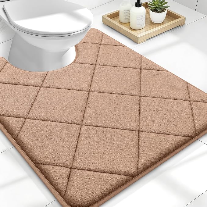 OLANLY Memory Foam Toilet Rugs U-Shaped 24x20, Ultra Soft and Absorbent | Dark Beige, Quick Dry Commode Contour Rugs, Machine Washable, Comfortable Bathroom Contour Bath Mats for Toilet Base