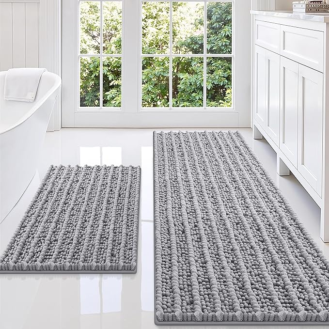 Smiry Bathroom Rugs Sets 2 Piece (47x20+30x20), Extra Soft Bath Mats | Grey Soft Absorbent, Rubber Backing Machine Washable Quick Dry Chenille Bath Rug Set for Tub, Shower, and Floor