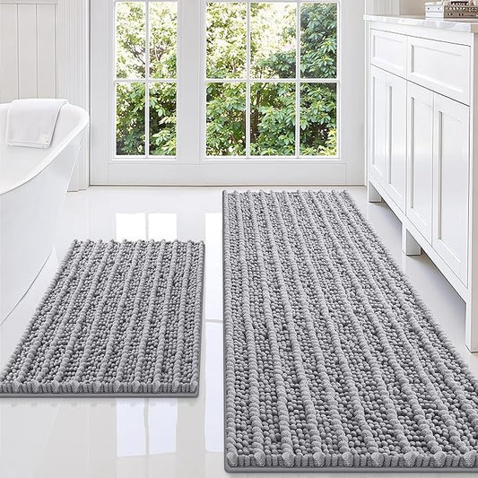 Smiry Bathroom Rugs Sets 2 Piece (47x20+30x20), Extra Soft Bath Mats | Grey Soft Absorbent, Rubber Backing Machine Washable Quick Dry Chenille Bath Rug Set for Tub, Shower, and Floor