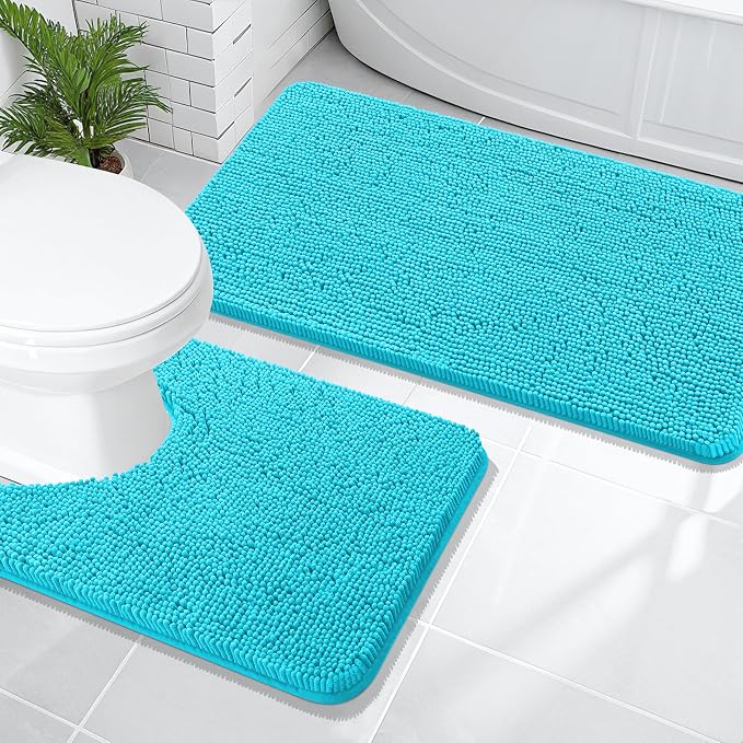 OLANLY Chenille Bathroom Rugs Mats Sets 2 Piece, 47"x20"+24"x20", Aqua Sky | Soft Absorbent Bath Mat and U-Shaped Contour Toilet Rug Set, Quick Dry, Machine Washable Bath Carpet, Home Decor Accessories