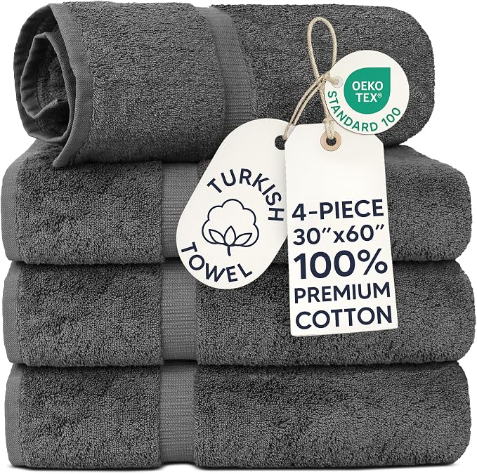 Chakir Turkish Linens 100% Cotton 4-Pack Bath Towels 30x60, Dark Gray | 100% cotton bath towels, 30x60 extra large, OEKO-TEX certified, soft plush and absorbent