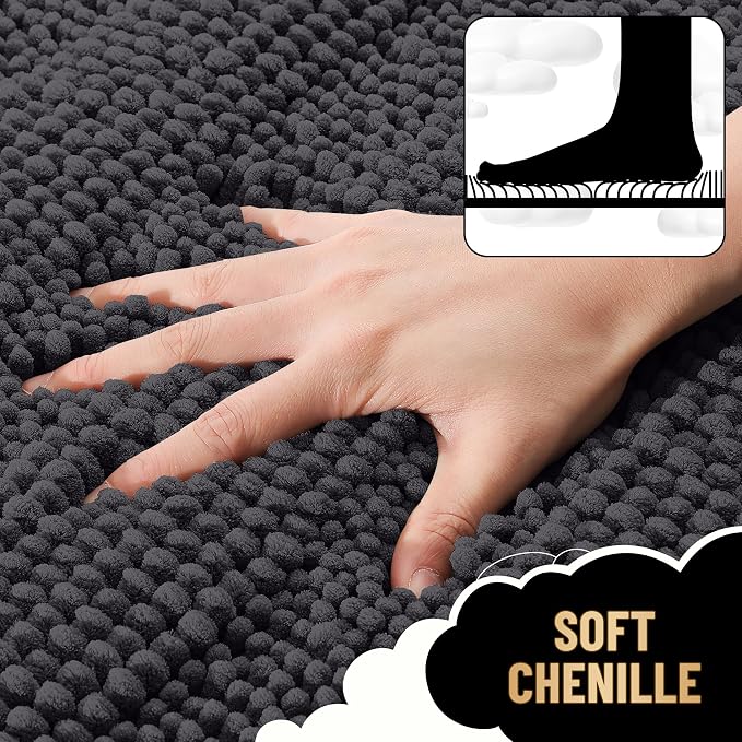 OLANLY Thick Chenille Bathroom Rugs Sets 3 Piece, 30"x20"+24"x16"+24"x20" | Dark Grey, Absorbent Bath Mats and U-Shaped Contour Toilet Rug, Home Decor Accessories, Bath Mat Set for Bathroom