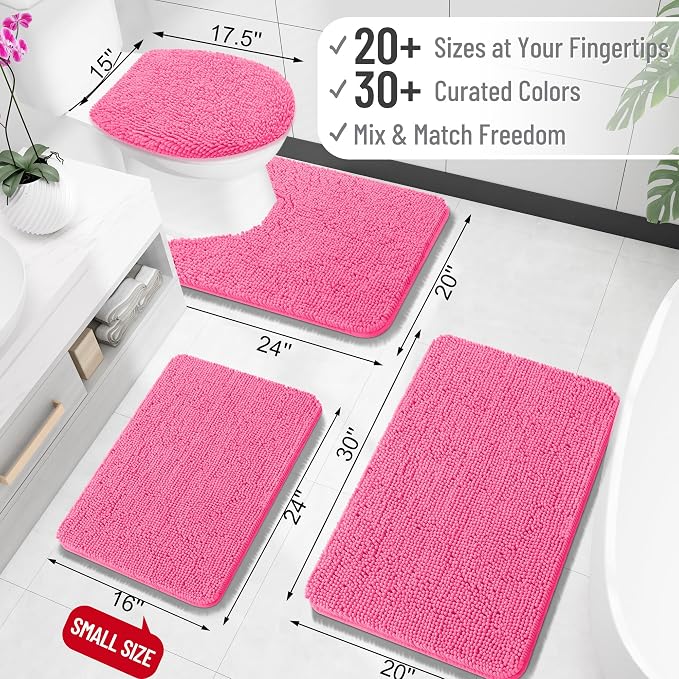 OLANLY Large Bathroom Rugs 59x35, Extra Soft Absorbent Chenille Bath Rugs | Hot Pink, Quick-Drying Rubber Backing, Machine Washable Bath Mat for Bathroom Floor, Tub and Shower, Home Decor Accessories