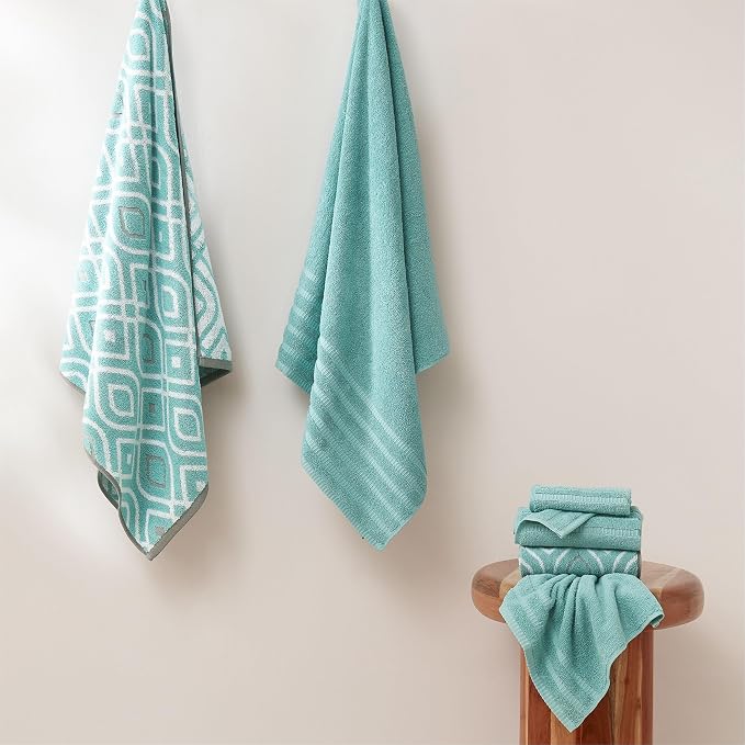 Modern Threads 6 Piece Bath Towel Set – Bathroom Set with 2 Bath Towels, 2 Hand Towels, and 2 Wash Cloths – 100% Cotton, Super Absorbent & Extra Soft – Reversible Classic Diamond (Aqua)