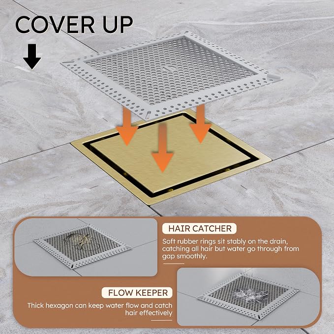 6 Inch Square Gold Shower Drain with Flange,Modern Floor Drain with 2-in-1 Cover Tiled Insert Grate,SUS 304 Stainless Steel