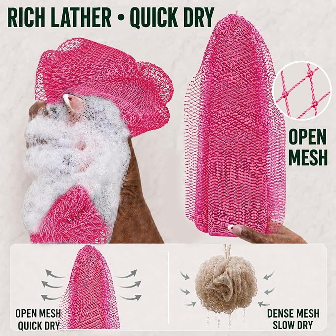 Authentic African Net Sponge, 2 Pack 45-Inch Exfoliating Bath Sponge and Shower Loofah for Body and Back, Colorfast Quick-Dry Knotted Mesh Scrubber with Travel Pouch (Dark Pink & Light Pink)