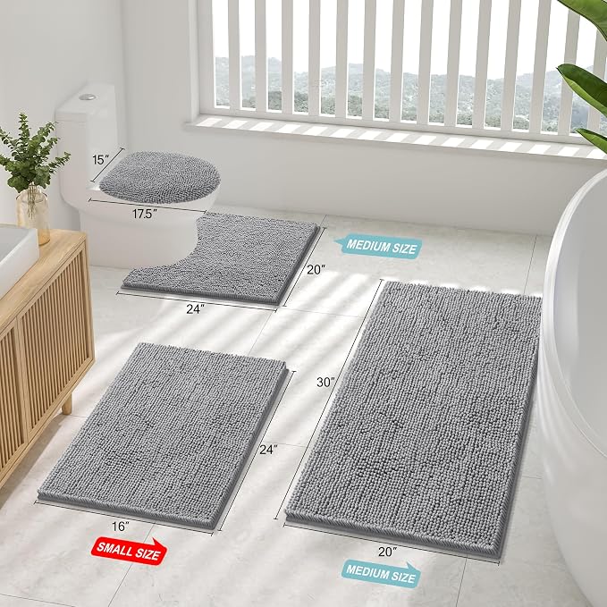 Smiry Chenille Bathroom Rugs Sets 2 Piece (36x24+30x20, Grey) | Soft Absorbent Machine Washable Non Slip Shaggy Bath Rug Set for Tub, Shower, and Floor, Home Decor
