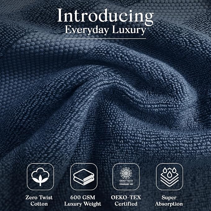 Premium Staple Cotton Bathroom Towel Set - Navy 600 GSM 6-Piece Luxury Bath Towel Set 3 Stripe - 2 Bath Towels, 2 Hand Towels & 2 Washclothes Set - High Absorbent & Quick Dry for Gym, Spa, Hotel