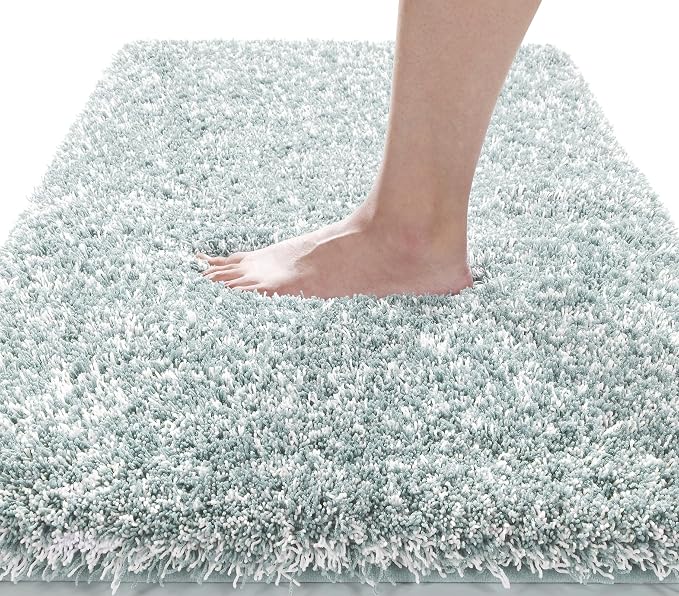Yimobra Bathroom Rugs Non Slip Washable 36X24, Ultra Soft and Water Absorbent Bath Mats, Plush Fluffy Shower Mat Outside, Luxury Microfiber Thick Matts for Bathroom Floor/Tub, Sky Light Blue and White