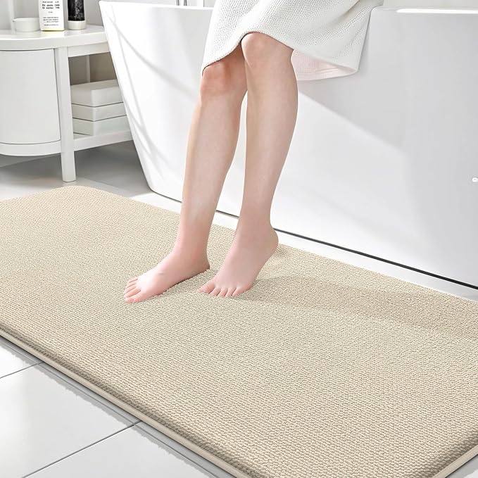 OLANLY Memory Foam Bathroom Runner Rug 70x24, Absorbent Long Bath Mat, Sand | Soft Quick Dry Bath Rugs, Non-Slip Carpet, Machine Washable Mat for Bathroom Floor, Tub and Shower, Home Decor Accessories