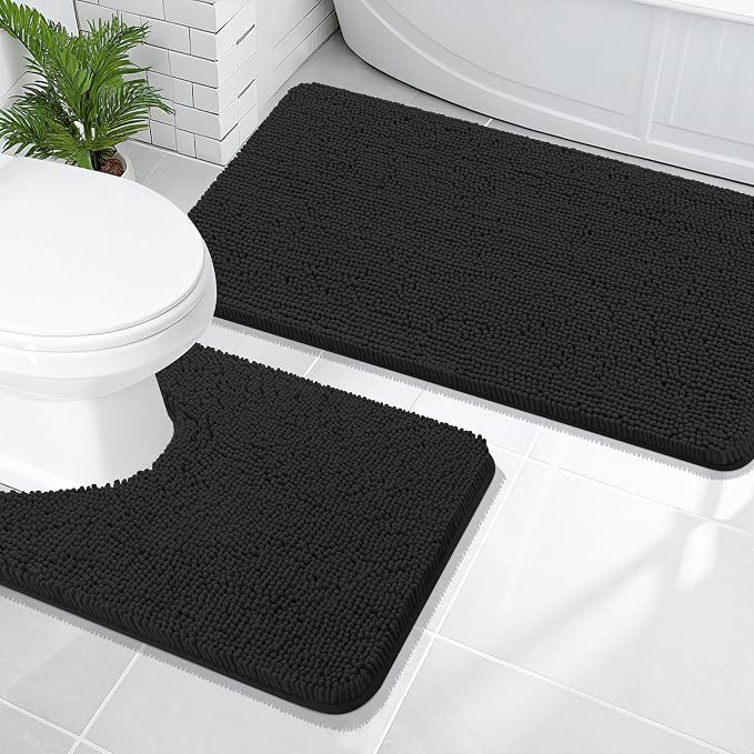 OLANLY Chenille Bathroom Rugs Mats Sets 2 Piece, 47"x20"+24"x20", Black | Soft Absorbent Bath Mat and U-Shaped Contour Toilet Rug Set, Quick Dry, Machine Washable Bath Carpet, Home Decor Accessories