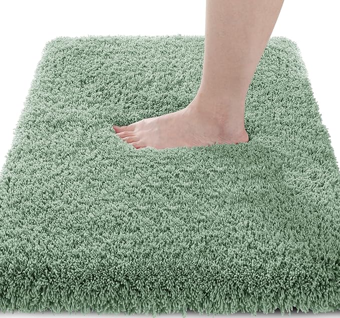 Yimobra Fluffy Plush Bath Rug, Super Shaggy Soft Comfortable Non Slip, Water Absorbent Microfiber Bath Mat, Dries Quickly, Machine Washable Thick Bathroom Rugs for Shower, 56" X 24", Pure Light Green