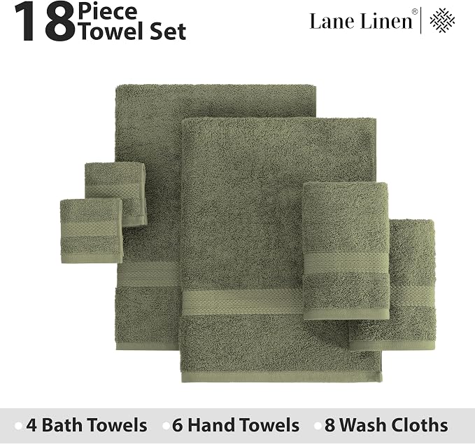 LANE LINEN Large Bath Towel Set Absorbent Quick Dry 100% Cotton - Oil Green | Cotton Towels - Fade-Resistant Color, Classic Terry Weave, Densely Woven & Durable, Easy-Care, Coordinated Colors