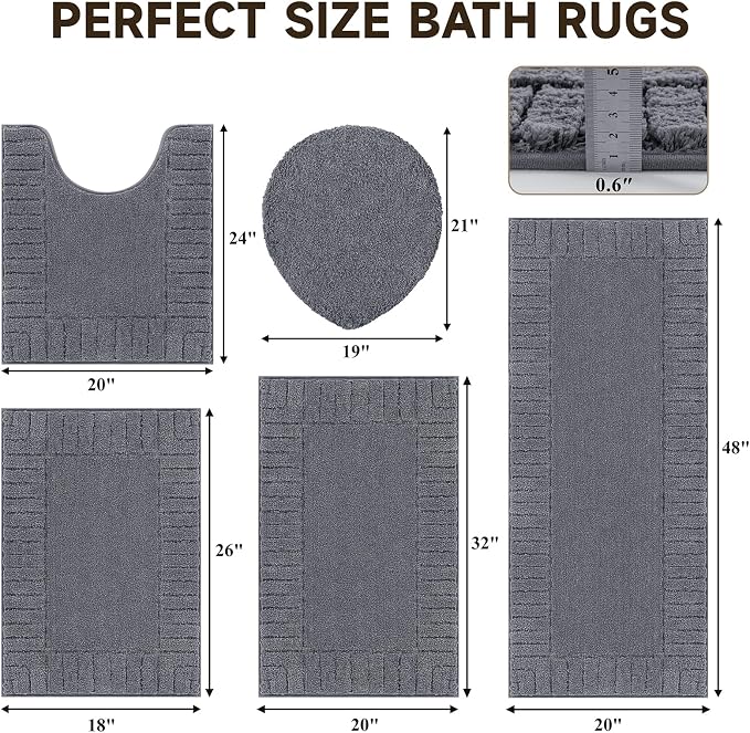 Pauwer Bathroom Rugs Set 5 Piece, Microfiber Bath Mat Set, Dark Grey | Non Slip Washable Bath Mat with U Shaped Toilet Rug, Plush Absorbent Shower Rug, Toilet Lid Cover, Quick Dry Floor Carpet