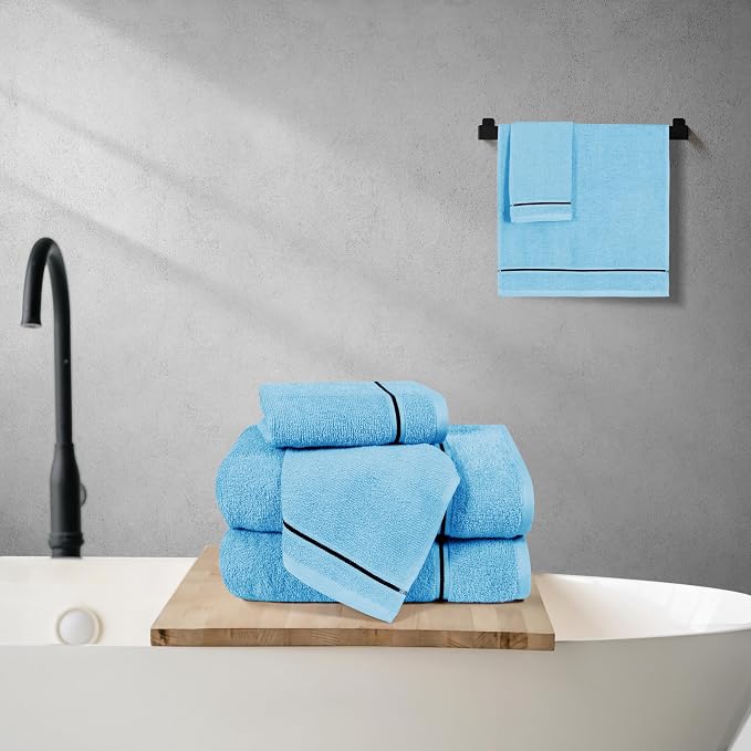 MyOwn Ultra Soft 6 Pack Cotton Towel Set, Contains 2 Bath Towels 28x55 inch, 2 Hand Towels 16x24 inch & 2 Wash Coths 12x12 inch, Ideal Everyday use, Compact & Lightweight - Sky Blue
