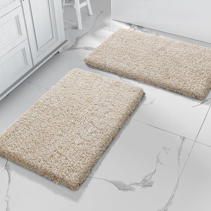 Yimobra Bathroom Rugs Sets 2 Piece, 32x20+24x17, Light Beige & White | Soft Absorbent Microfiber Bath Mat Set, Non Slip, Machine Washable Quick Dry, Plush Shaggy Shower Rugs for Bathroom Floor