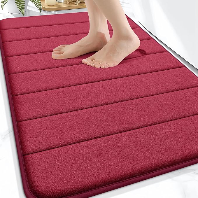 OLANLY Memory Foam Bath Mat 34x21, Super Soft and Absorbent Bathroom Rugs | Burgundy, Quick Dry Bath Rug, Machine Washable Shower Floor Mats, Bathmat Carpet for Bathroom Floor, Tub and Shower