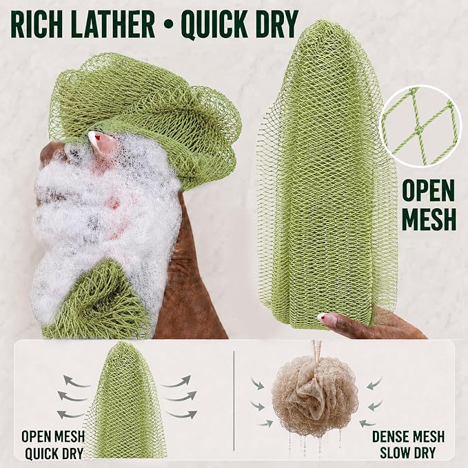 Authentic African Net Sponge, 2 Pack 45-Inch Exfoliating Bath Sponge and Shower Loofah for Body and Back, Quick-Dry Durable Knotted Mesh Scrubber (Olive Green & Light Green)