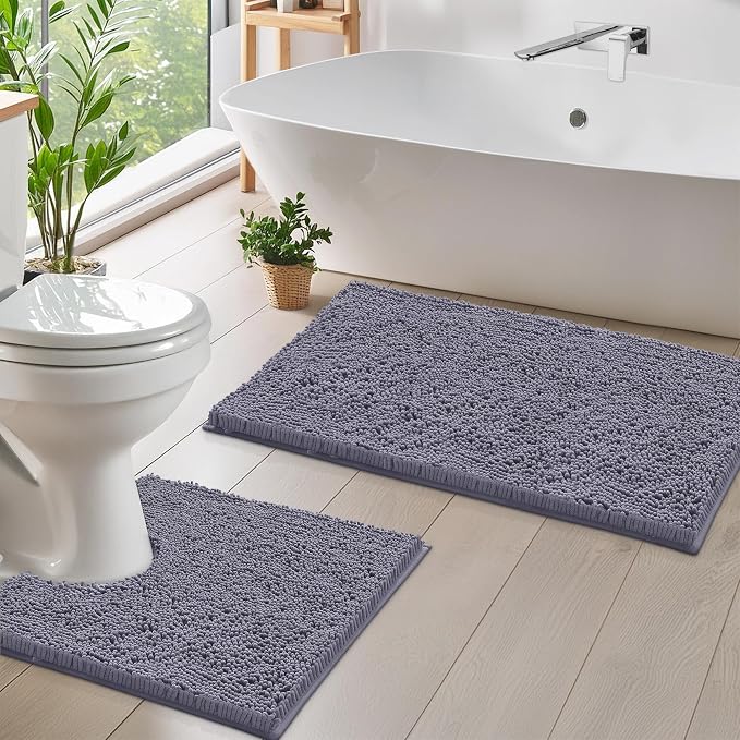 LuxUrux Bathroom Rugs Sets 2 Piece, Bathroom Rug Set, Soft Absorbent Chenille Bath Mat & Contour Toilet Rug, Non Slip, Quick Dry, Machine Washable Shaggy Bathroom Mats (Gray, 20"x30"+20"x20" U-Shaped)