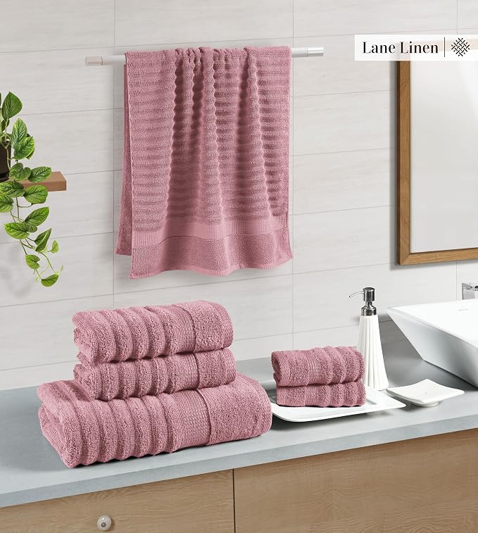 LANE LINEN Bath Towel Set Absorbent Quick Dry 100% Cotton - Wishful Mauve | Cotton Towels For Bathroom - OEKO-TEX Certified, Ring-Spun Durability, Ring-Spun Cotton, Terry Weave Comfort