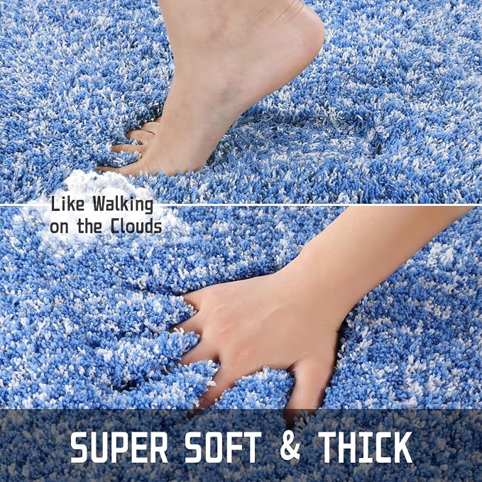 Yimobra Toilet Rugs U Shaped Washable 24X20, Ultra Soft and Water Absorbent Bath Mats, Non Slip Fluffy Shaggy Luxury Microfiber Contour Bath Rugs for Toilet, Dry Quick, Blue and White