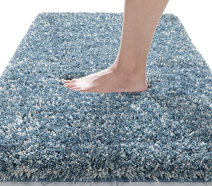Yimobra Luxury Bathroom Rugs, Fluffy Bath Mats, Non Slip, Water Absorbent Microfiber, Machine Washable, Plush Runner Shower Rugs, Thick Matts for Bathroom Floor&Tub, 60" X 24", Denim Blue and White