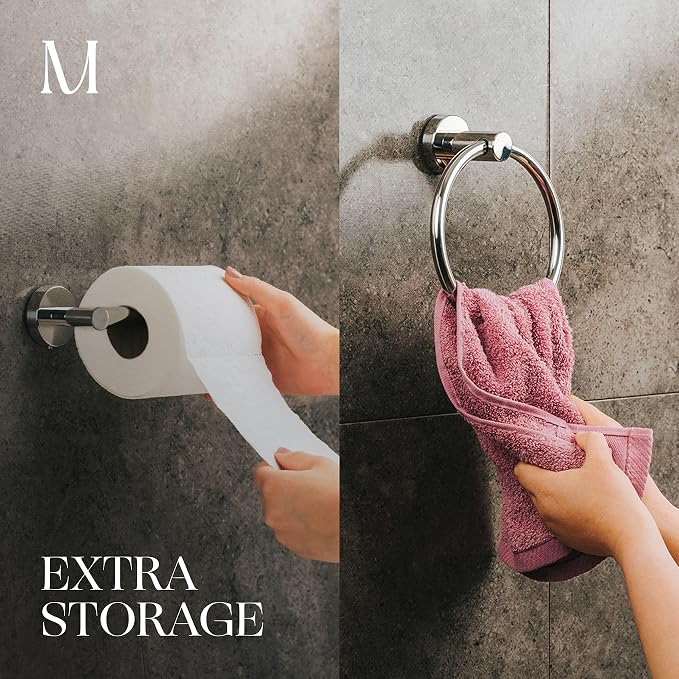MARMOLUX ACC 2PCS Chrome Bathroom Hardware Set - Hand Towel Holder for Bathroom Wall & Toilet Paper Holder Wall Mount - Towel Holder Hanger Rack Stainless Steel Bathroom Set - Bathroom Towel Ring