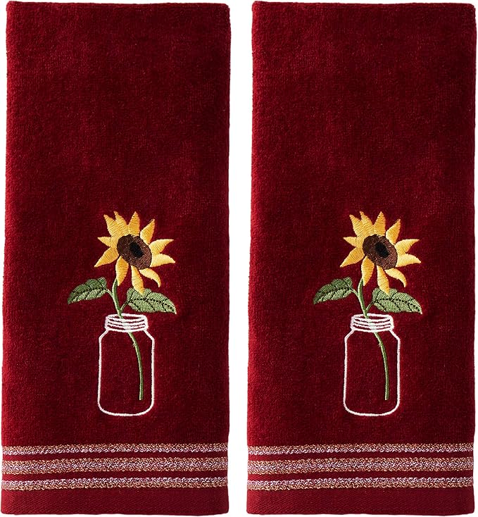 SKL Home by Saturday Knight Ltd. Sunflower In Jar 2 Pc Hand Towel Set, Wine | 100% Cotton. Soft, decorative velour. For use in the bathroom, kitchen or bar & makes a great gift.