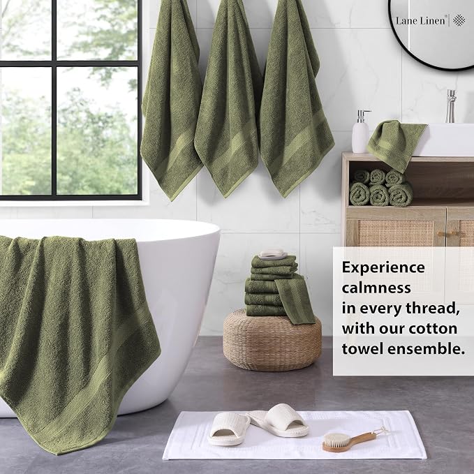 LANE LINEN Large Bath Towel Set Absorbent Quick Dry 100% Cotton - Oil Green | Cotton Towels - Fade-Resistant Color, Classic Terry Weave, Densely Woven & Durable, Easy-Care, Coordinated Colors