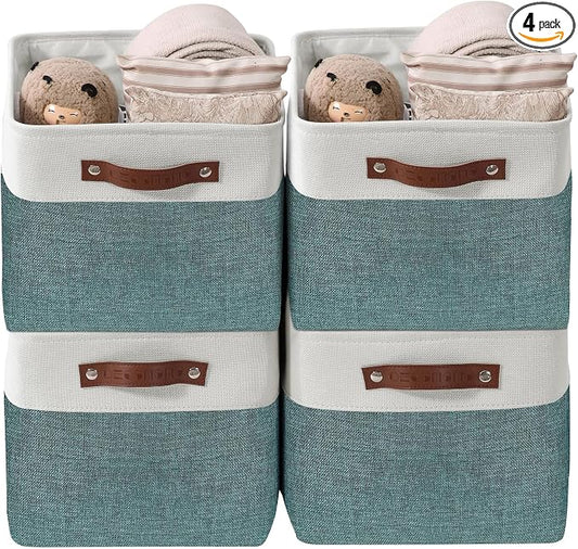 DECOMOMO Storage Bins, Large Fabric Storage Baskets for Shelves, Decorative Linen Closet Organizer, 15 x 11 x 9.5 inches (Green & White, 4 Pack)